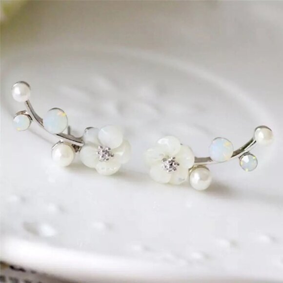 “Floral Dreams” Japanese Cherry Blossom Minimalist Spring Pearl/Diamond Earrings - Picture 2 of 6